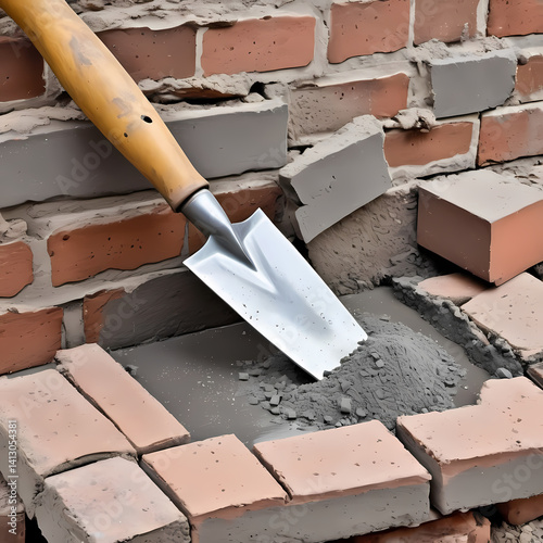 Old metal bricklaying trowel with wet cement and bricks isolated  