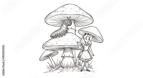 Alice wonderland girl under mushroom sketch