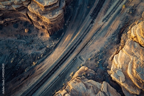 Aerial view of railroad tracks winding through rocky terrain at sunset, Aerial shot of railroad tracks running through the amazing rock formations near Moab, Utah, USA