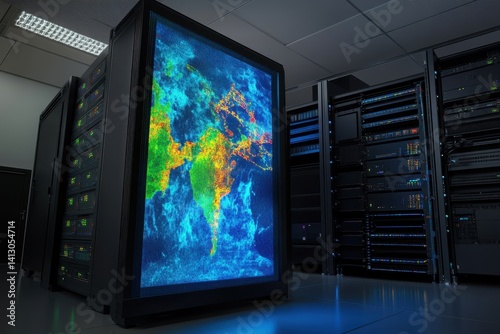 Obraz na płótnie Data visualization of global climate patterns inside a server room during nighttime w salonie