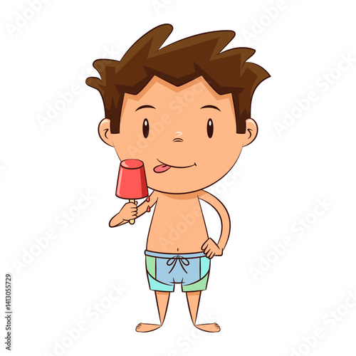 Child eating flavored ice on a stick, swimwear, summer, drawing