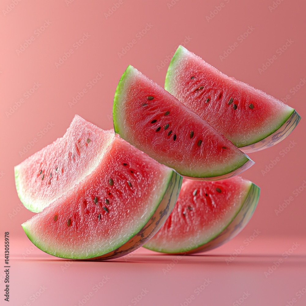 Fresh watermelon slices stacked in a visually appealing arrangement on pink Fresh watermelon slices stacked in a visually appealing arrangement on pink