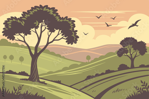 52 Serene landscape, rolling green hills, lush trees, sunset sky, soft gradient colors, peaceful countryside, flying birds silhouettes, cartoon style, vibrant foliage, tranquil scene, warm evening lig