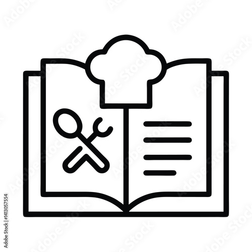 Cookbook Icon with Chef Hat, Cooking Utensils and Recipe Pages in Black Line Style