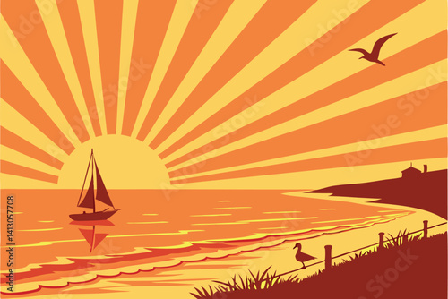 53 Vibrant sunset, ocean horizon, golden sun reflection, calm waters, radiating sunbeams, minimalist design, gradient colors, orange and yellow hues, tranquil seascape, digital illustration, vector ar