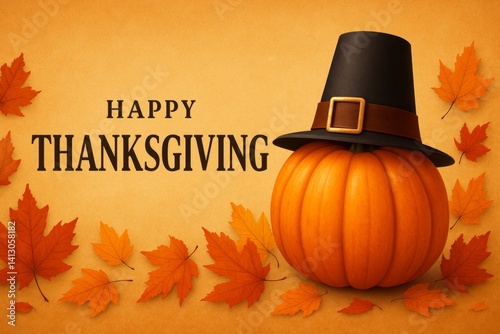 Celebrate Thanksgiving With a Cheerful Pumpkin and Colorful Autumn Leaves