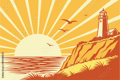 53 Vibrant sunset, ocean horizon, golden sun reflection, calm waters, radiating sunbeams, minimalist design, gradient colors, orange and yellow hues, tranquil seascape, digital illustration, vector ar