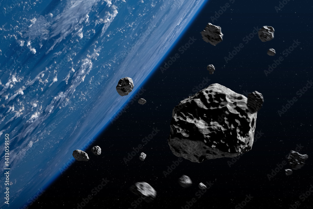 Big and small asteroids near planet Earth in space. Space. Asteroids near planet Earth. Asteroids in outer space approaching planet Earth.