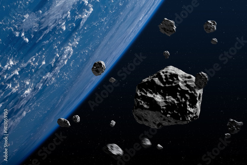 Obraz na płótnie Big and small asteroids near planet Earth in space. Space. Asteroids near planet Earth. Asteroids in outer space approaching planet Earth. w salonie
