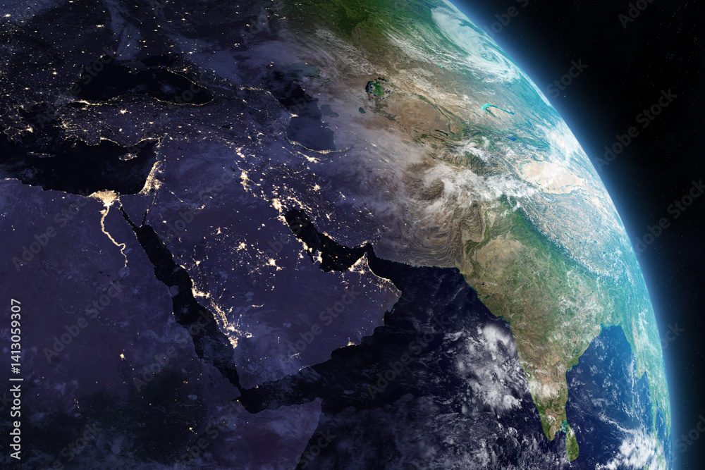 Earth from space. Africa, Middle East and Asia. Arabian Peninsula, Egypt, Iraq, Iran, Israel, Jordan, Lebanon, Palestine, Gaza, Syria, India, Pakistan and Turkey.
