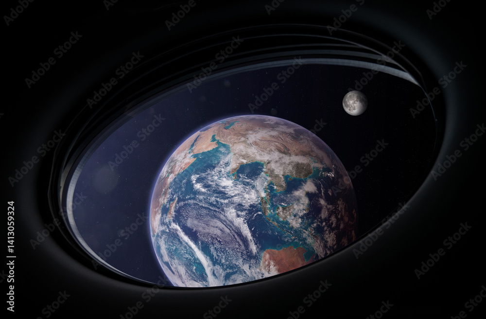 Earth and Moon in spaceship porthole. Travel and tourists in space, concept. Space exploration. Science fiction art.
