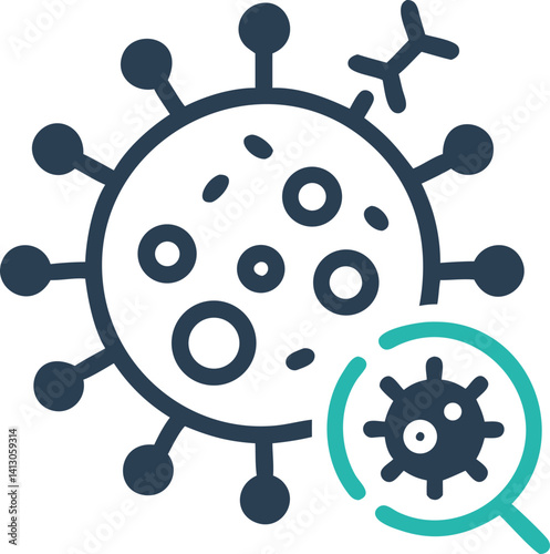 Virus Cell Icon with Spikes, Spots and Magnifying Glass in Blue and Green
