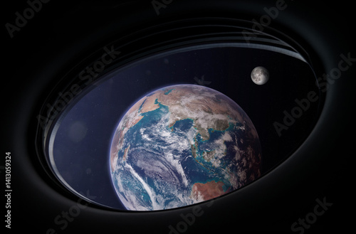 Obraz na płótnie Earth and Moon in spaceship porthole. Travel and tourists in space, concept. Space exploration. Science fiction art. w salonie