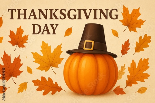 Celebrating Thanksgiving Day With a Decorative Pumpkin and Autumn Leaves