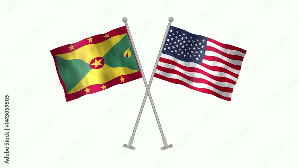 Flag of Grenada and USA, Cross table flag of Grenada and USA on white screen, Grenada and USA 3D Animation flag waving in the wind isolated on white Background. 
