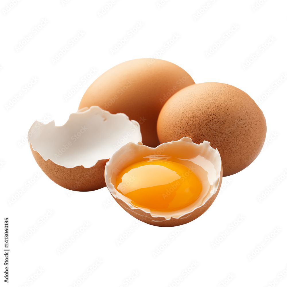 Whole and broken chicken egg with yolk in shell, isolated on white or transparent background Whole and broken chicken egg with yolk in shell, isolated on white or transparent background