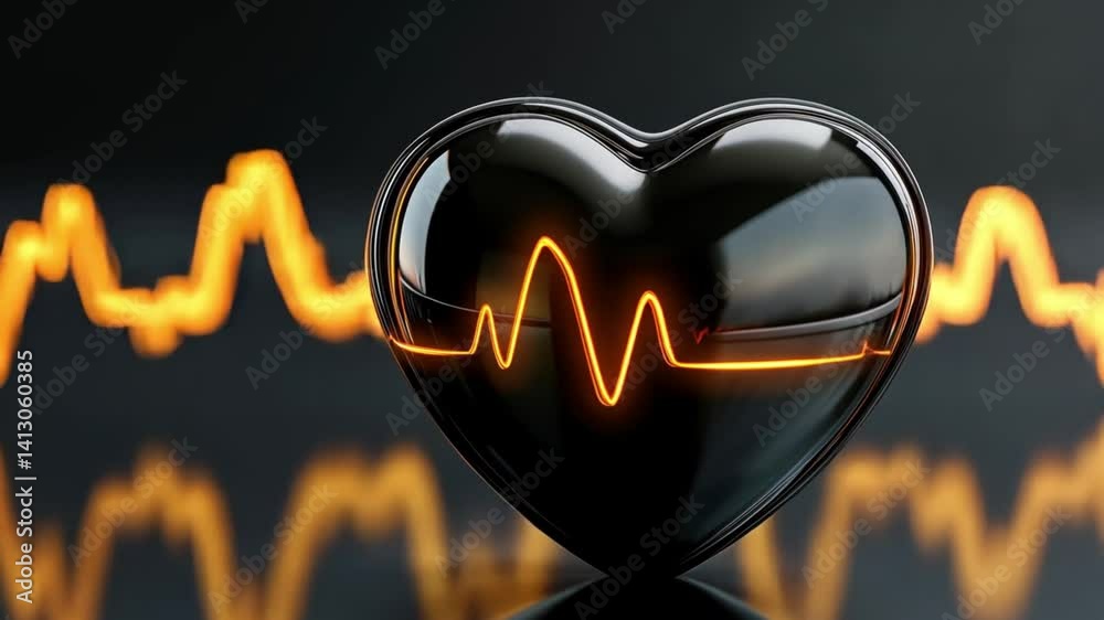 Heart Rate Monitor: A 3D Render of a Black Heart with an Orange Heartbeat Line