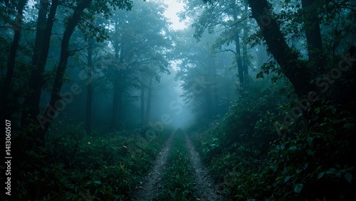 An eerie forest path through dense overgrowth enveloped in mist and dim light evoking a chilling cinematic atmosphere