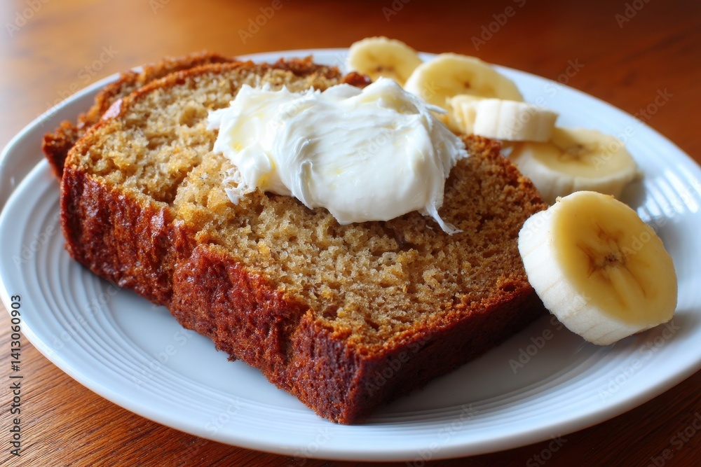 Delicious Slice of Banana Bread with Creamy Topping and Bananas Delicious Slice of Banana Bread with Creamy Topping and Bananas