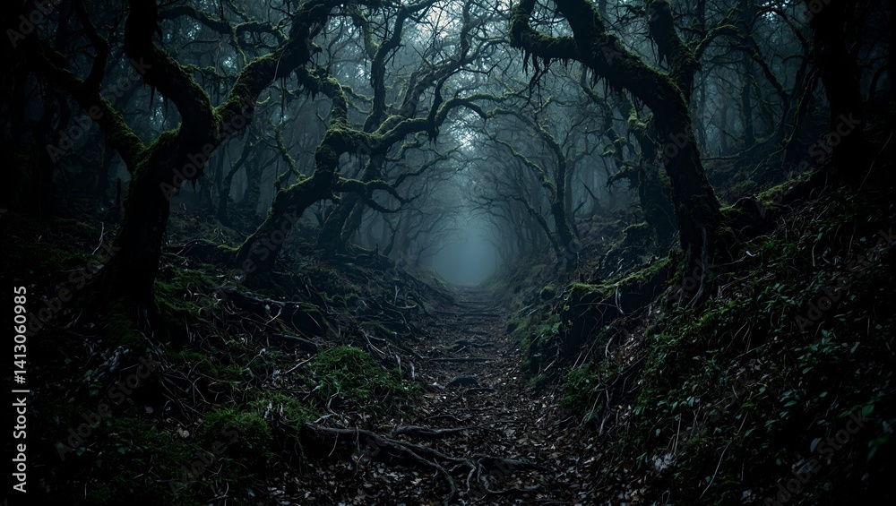 Explore the enchanted mystery of an ancient forest trail where gnarled roots and twisted branches beckon from the shadows