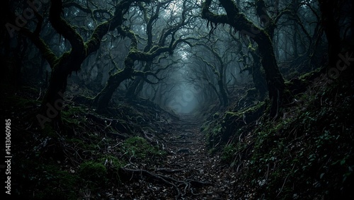 Obraz na płótnie Explore the enchanted mystery of an ancient forest trail where gnarled roots and twisted branches beckon from the shadows w salonie