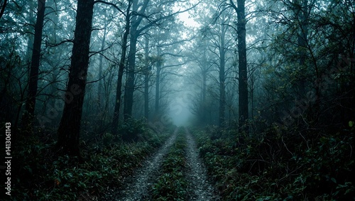 Explore the eerie beauty of a desolate forest maze where ancient trees and dense foliage hide secrets in the haunting mist
