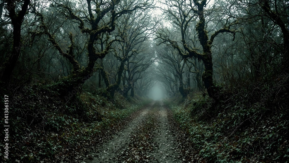 Naklejka premium Eerie forest trail with gnarled trees and creeping vines evoking a haunting atmosphere of mystery and solitude