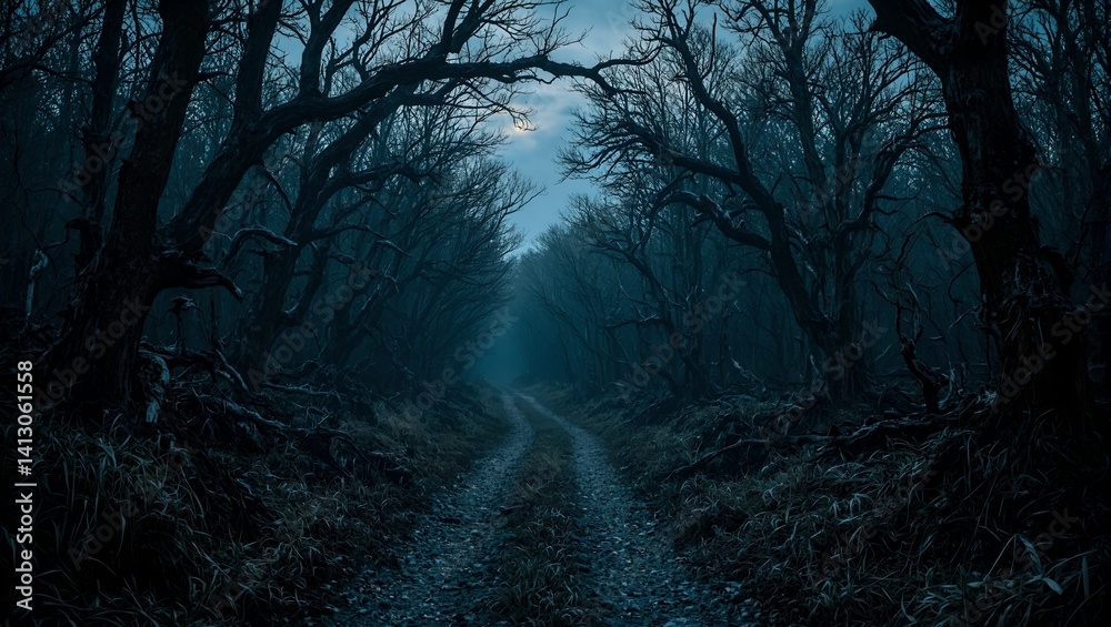 Obraz premium Experience the eerie beauty of a twisted forest path lined with ancient skeletal trees under a haunting night sky