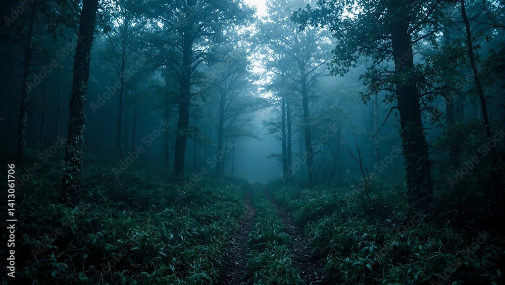 Fototapeta premium Discover a haunting forest path shrouded in mist flanked by eerie trees and mysterious light Ideal for spooky or mysterious concepts