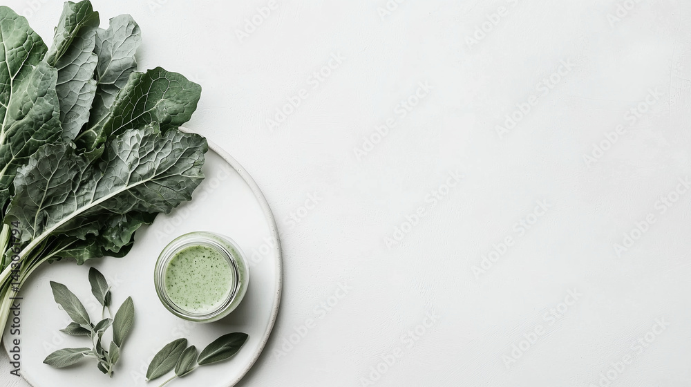Fresh kale leaves fanned on white plate, green smoothie jar nearby, minimal white backdrop
