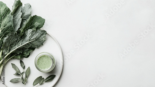 Fresh kale leaves fanned on white plate, green smoothie jar nearby, minimal white backdrop