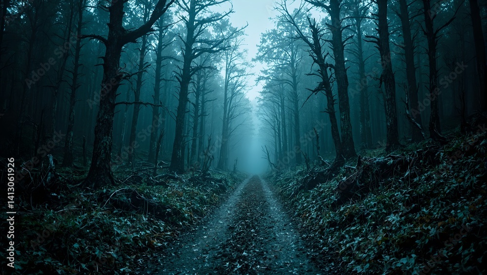 Fototapeta premium A haunting pathway in a desolate forest with eerie light piercing through decrepit trees An atmosphere of ancient melancholy and decay