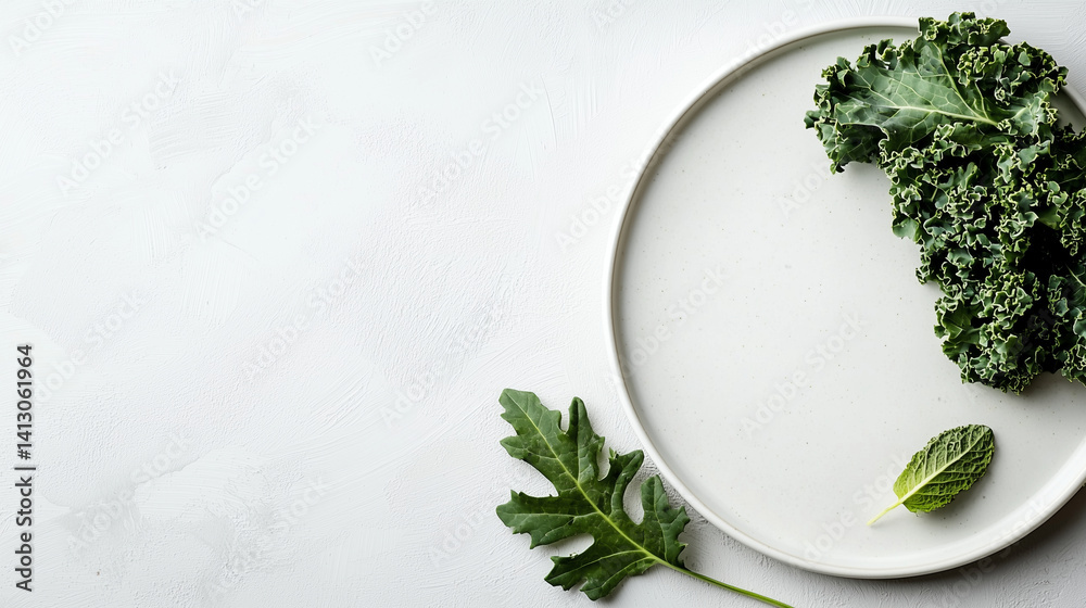 Overhead shot of vibrant kale smoothie with crisp leaves on ceramic white plate, clean setting