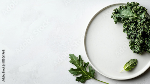 Obraz na płótnie Overhead shot of vibrant kale smoothie with crisp leaves on ceramic white plate, clean setting w salonie