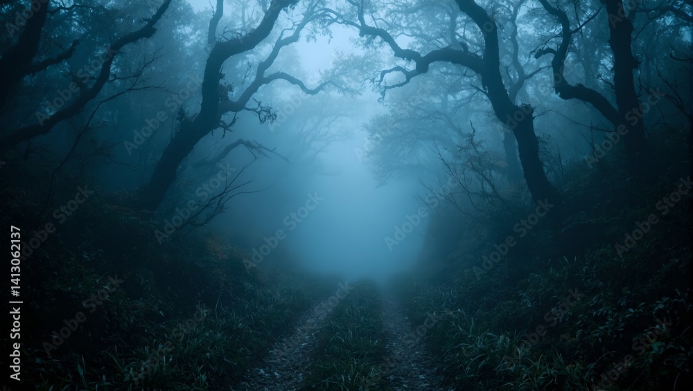 A mysterious forest path blanketed in mist twisted branches resembling skeletal hands leading into an ominous darkness A mysterious forest path blanketed in mist twisted branches resembling skeletal hands leading into an ominous darkness
