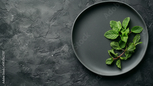 Top view of vibrant mint leaves on matte gray plate, dark textured background