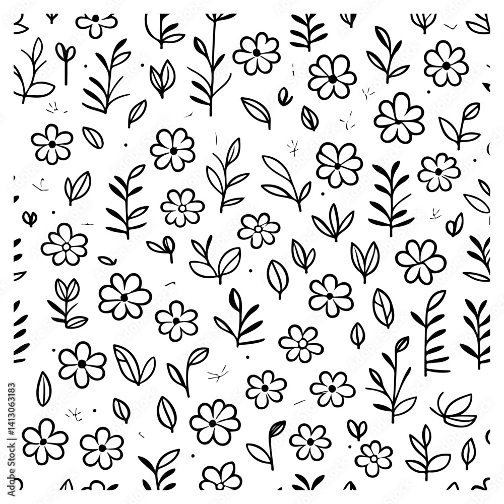 Fototapeta premium Floral and Leaf Hand-Drawn Seamless Pattern Design