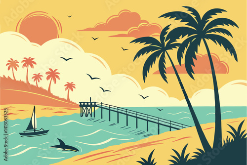 56 Tropical beach scenes, vibrant sunset colors, palm trees, wooden pier, calm ocean waters, cartoon style illustration, bright sun, fluffy clouds, island landscape, shark fin, sandy shores, tranquil 
