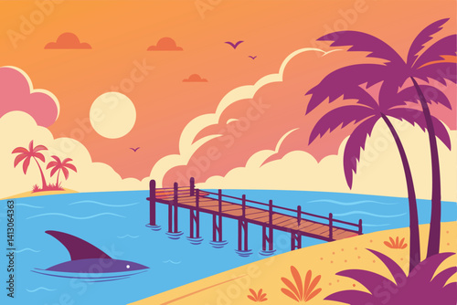 56 Tropical beach scenes, vibrant sunset colors, palm trees, wooden pier, calm ocean waters, cartoon style illustration, bright sun, fluffy clouds, island landscape, shark fin, sandy shores, tranquil 