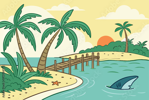 56 Tropical beach scenes, vibrant sunset colors, palm trees, wooden pier, calm ocean waters, cartoon style illustration, bright sun, fluffy clouds, island landscape, shark fin, sandy shores, tranquil 