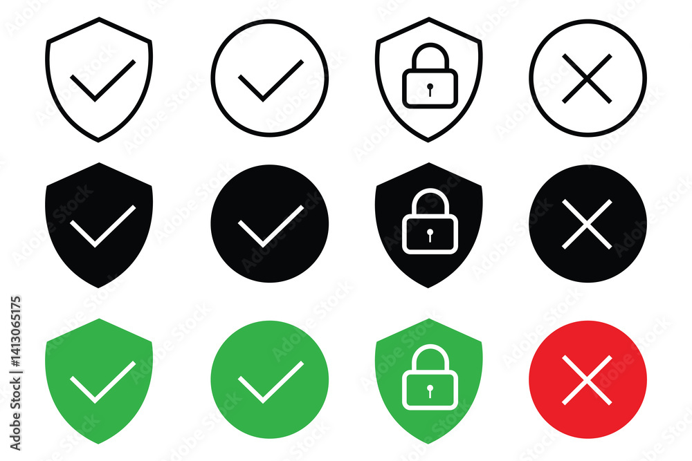 Set of Security Icons with Checkmarks and Lock vector isolated on white background
