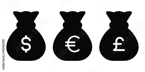 Money bags representing USD, EUR, and GBP currencies vector. Money bag silhouette icon vector 