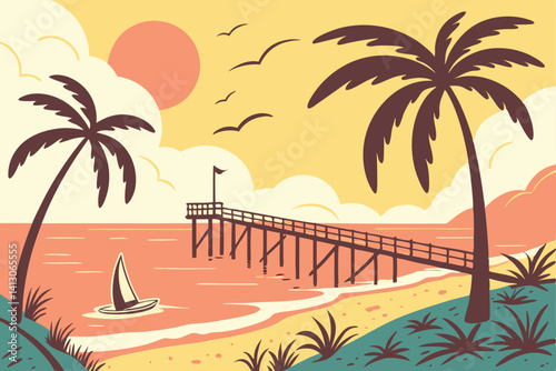 56 Tropical beach scenes, vibrant sunset colors, palm trees, wooden pier, calm ocean waters, cartoon style illustration, bright sun, fluffy clouds, island landscape, shark fin, sandy shores, tranquil 
