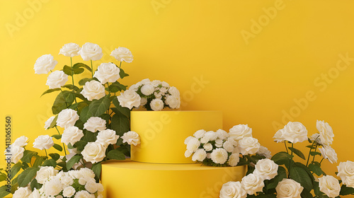 Two yellow cylindrical platforms are adorned with lush white roses against a solid yellow backdrop, creating a bright and floral display.
 photo