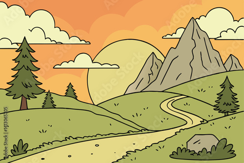57 Cartoon landscape, vibrant sunset sky, orange and yellow gradient, large sun, fluffy clouds, green rolling hills, winding dirt path, rocky mountain peaks, evergreen trees, minimalist style, flat co