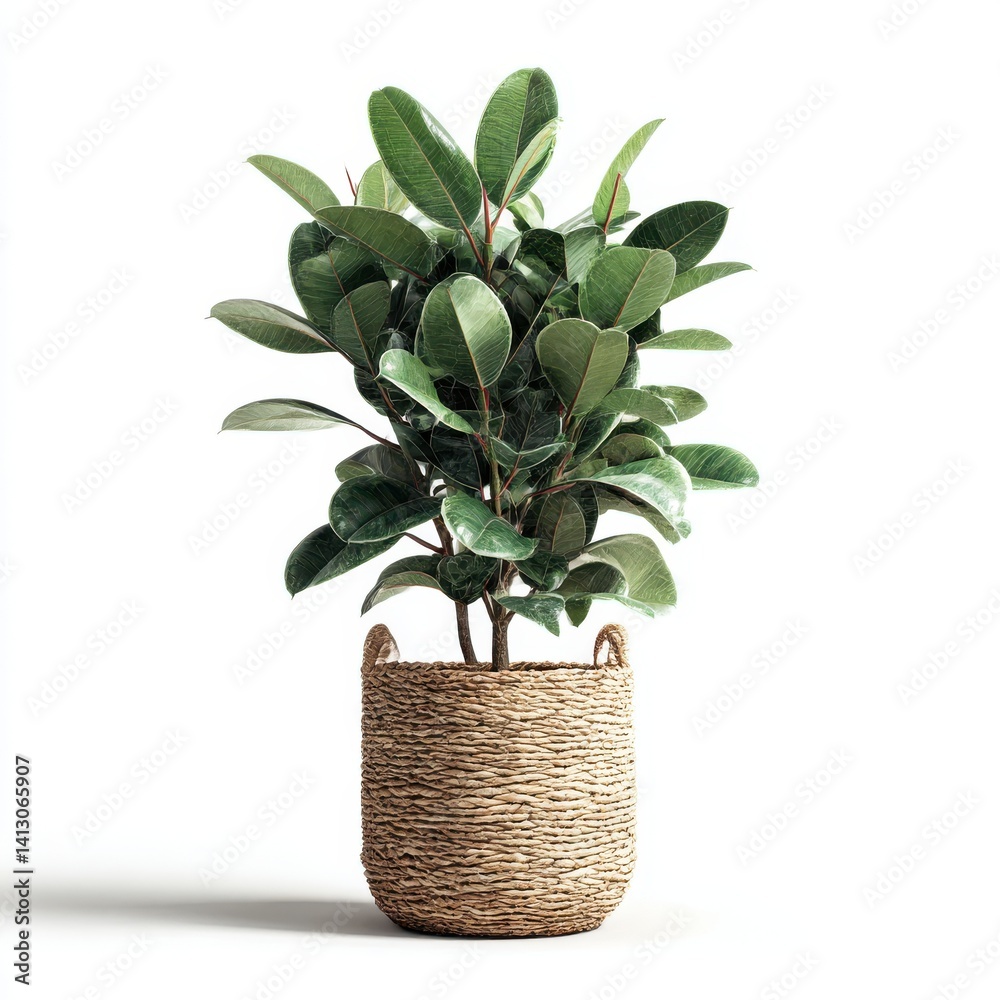 Fototapeta premium Ficus elastica plant in basket isolated on white background