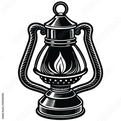 Vintage kerosene lantern with flame on water surface, black and white retro illustration
