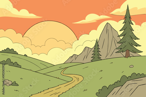 57 Cartoon landscape, vibrant sunset sky, orange and yellow gradient, large sun, fluffy clouds, green rolling hills, winding dirt path, rocky mountain peaks, evergreen trees, minimalist style, flat co