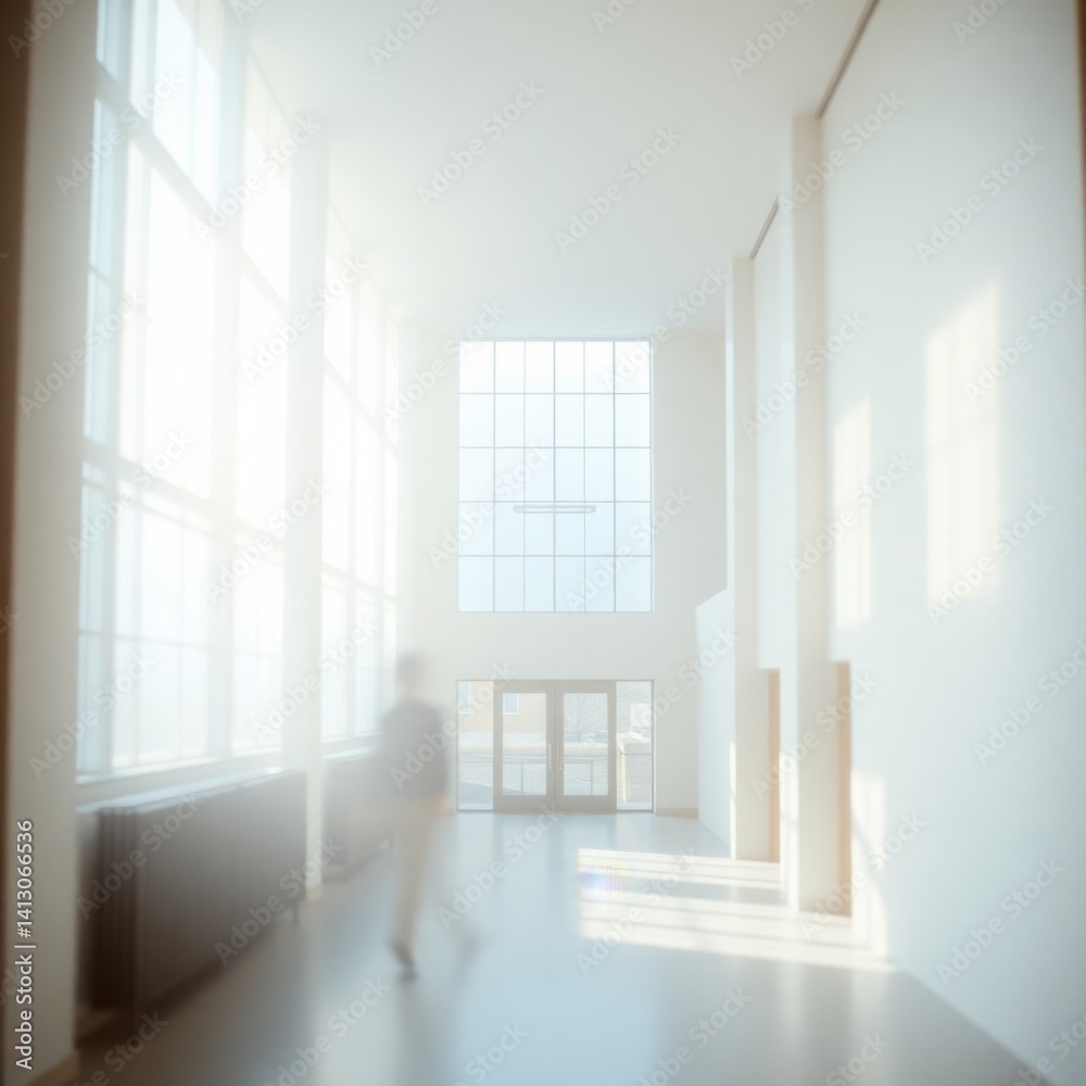 Fototapeta premium Sunlit Minimalist Hallway: A Serene, Blurry Figure Walks Through Light-Filled Architecture