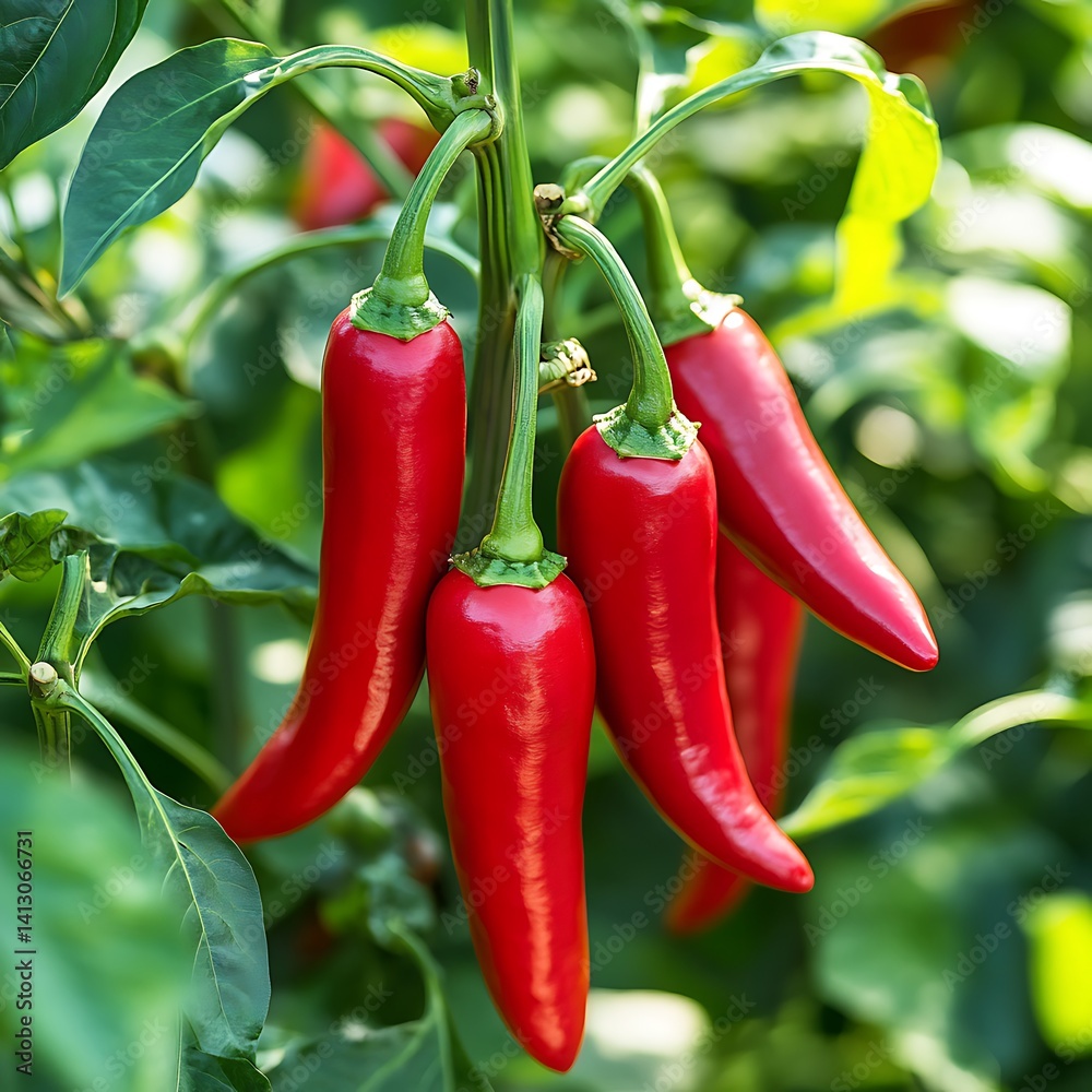 Red Chili Peppers Growing in a Green Garden, Close-Up View Red Chili Peppers Growing in a Green Garden, Close-Up View